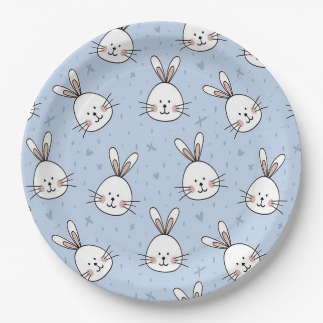 White bunny heads on blue paper plate (Front)