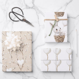 White Bunny Hearts in a Basket Baby Shower Wrapping Paper Sheet