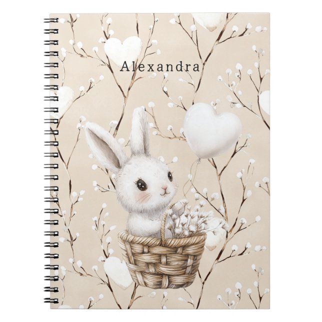 White Bunny Hearts in a Basket Notebook (Front)