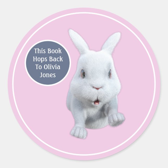 White Bunny Hops Back Custom Bookplate Classic Round Sticker (Front)