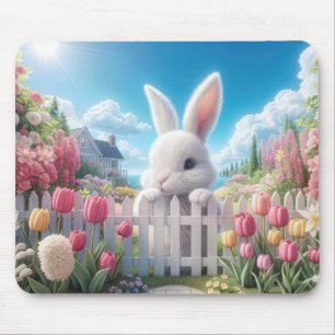 White Bunny In a Spring Garden Mouse Pad