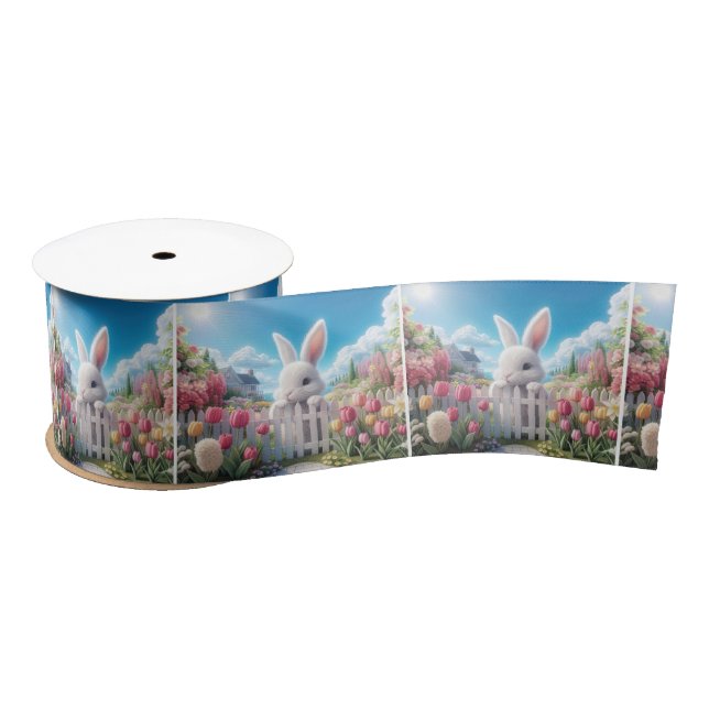 White Bunny In a Spring Garden Satin Ribbon (Spool)
