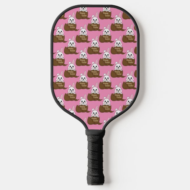 White Bunny in Chocolate Egg Happy Easter Pattern Pickleball Paddle (Front)