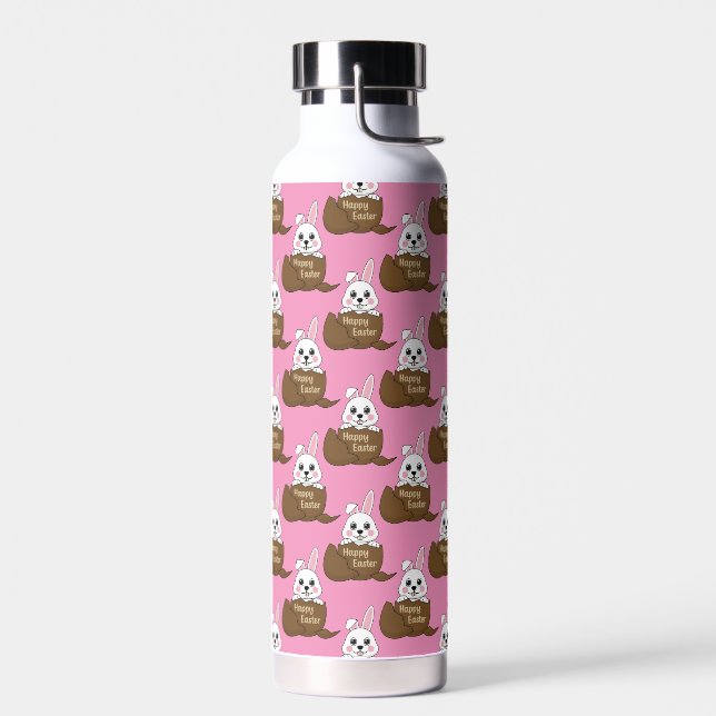 White Bunny in Chocolate Egg Happy Easter Pattern Water Bottle (Left)
