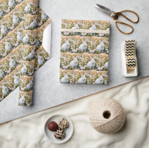 White Bunny In Daisy Garden Wrapping Paper