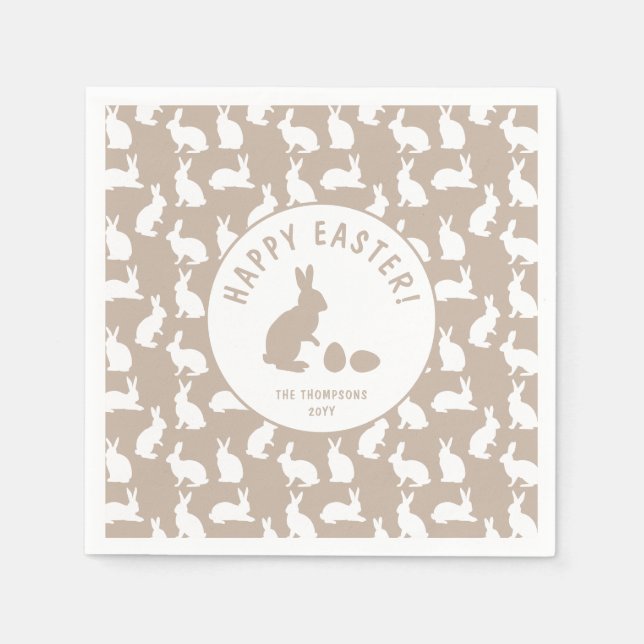 White Bunny Pattern On Beige Cute Easter Napkin (Front)