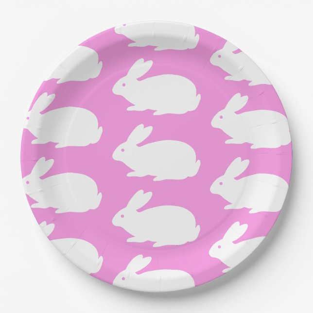 White Bunny Pattern On Pink Paper Plate (Front)
