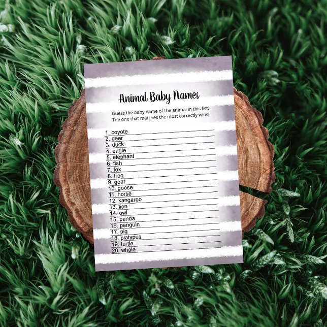 White Bunny Purple Animal Baby Names Game Card (Creator Uploaded)