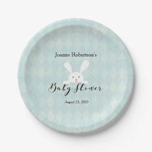White Bunny Rabbit Baby Shower   Aqua Blue Argyle Paper Plate