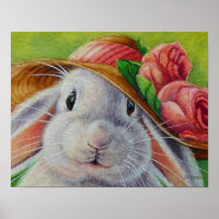 White Bunny Rabbit in Spring Bonnet Art 11x14