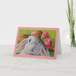 White Bunny Rabbit in Spring Bonnet Watercolor Art Card