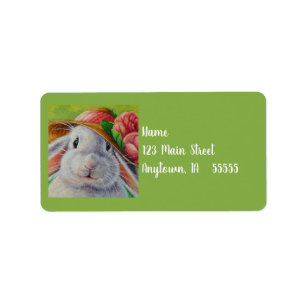 White Bunny Rabbit in Spring Bonnet Watercolor Art Label