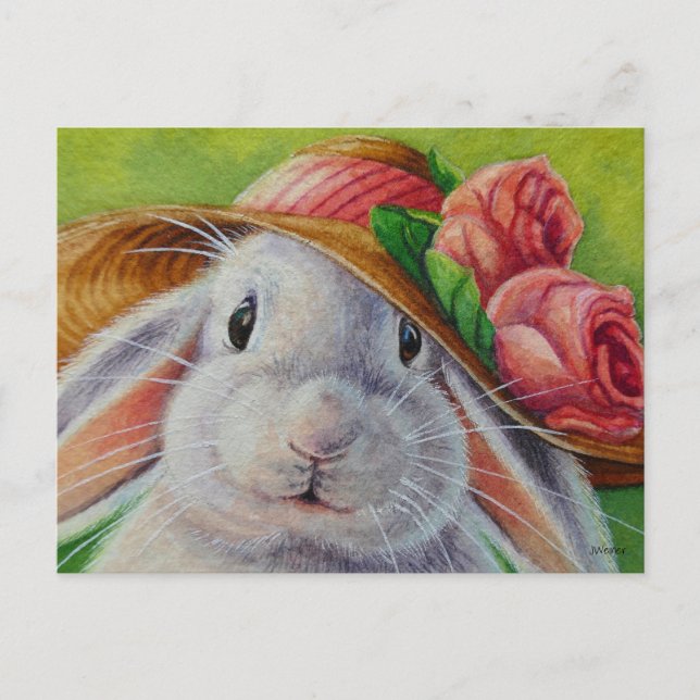 White Bunny Rabbit in Spring Bonnet Watercolor Art Postcard (Front)