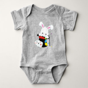 White Bunny, Rabbit, Magic Trick, Magic Wand, Hat Baby Bodysuit