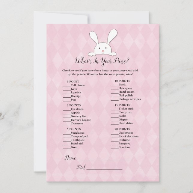 White Bunny Rabbit Pink What's In Your Purse Game Invitation (Front)