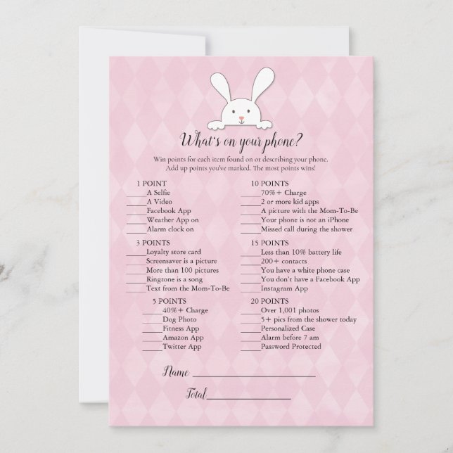 White Bunny Rabbit Pink What's On Your Phone Game Invitation (Front)