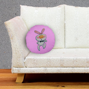 White Bunny Rosy Cheeks Thumbs Up Sign Pink Lines Round Cushion