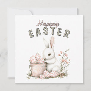 White Bunny & Toile Pink Easter Eggs Holiday Card