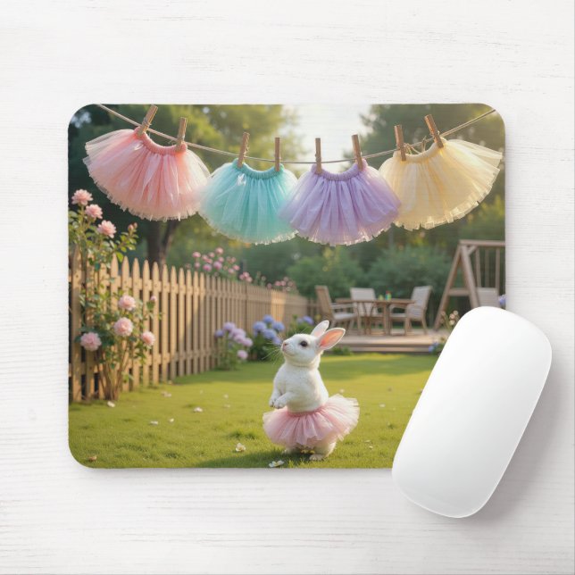 White Bunny Wearing a Pink Tutu Mouse Pad (With Mouse)