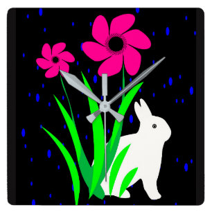 White Bunny with Flowers Wall Clock by Julie
