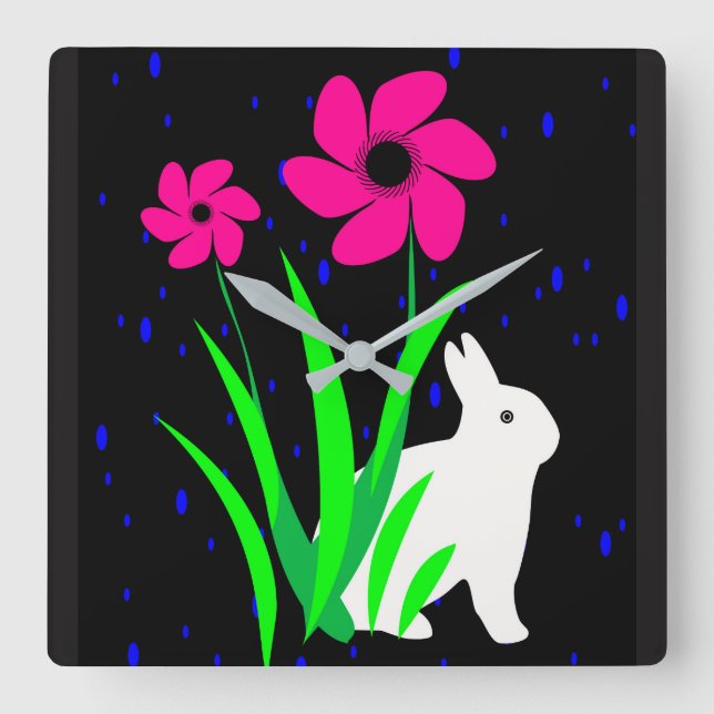 White Bunny with Flowers Wall Clock by Julie (Front)