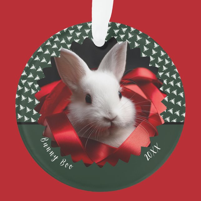 White bunny with red ribbon on green holiday  ornament (Creator Uploaded)