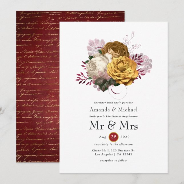White, Burgundy and Gold Floral Wedding Invitation (Front/Back)