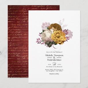 White, Burgundy and Gold Floral Wedding Invitation