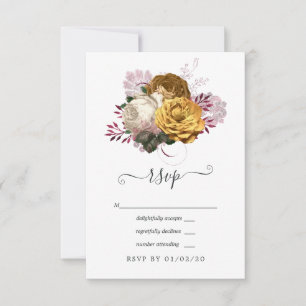 White, Burgundy and Gold Floral Wedding RSVP Card