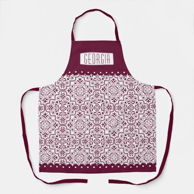 White burgundy damask pattern scalloped borders apron (Front)