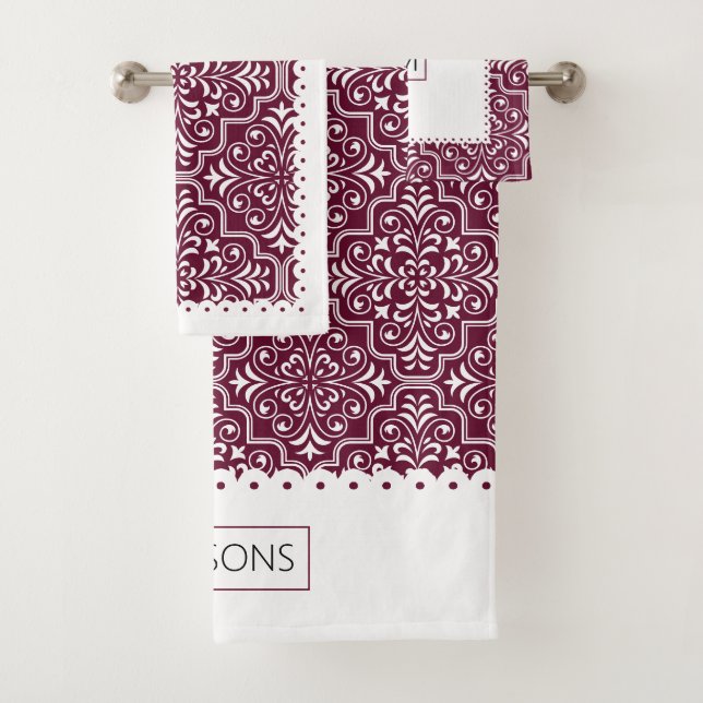 White burgundy damask pattern scalloped borders bath towel set (Insitu)
