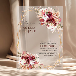 White & Burgundy Floral Gold Geometric Wedding Acrylic Invitations