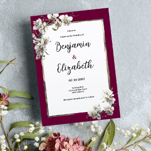 White burgundy gold tropical orchid floral Wedding Invitation