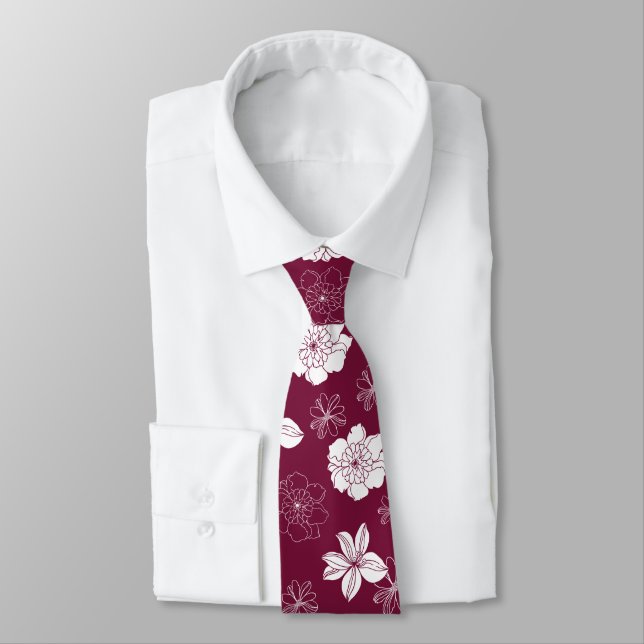 White & Burgundy Graphic Floral Pattern Tie (Tied)