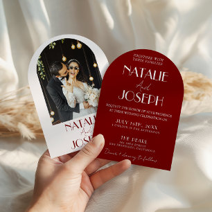 White Burgundy Minimalist Photo Arched Wedding Invitation