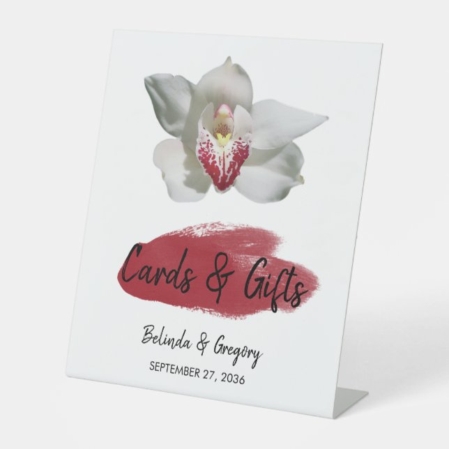 White Burgundy Orchid Wedding Cards & Gifts Pedestal Sign (Front)