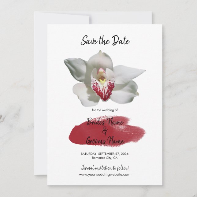White Burgundy Orchid Wedding Save The Date (Front)