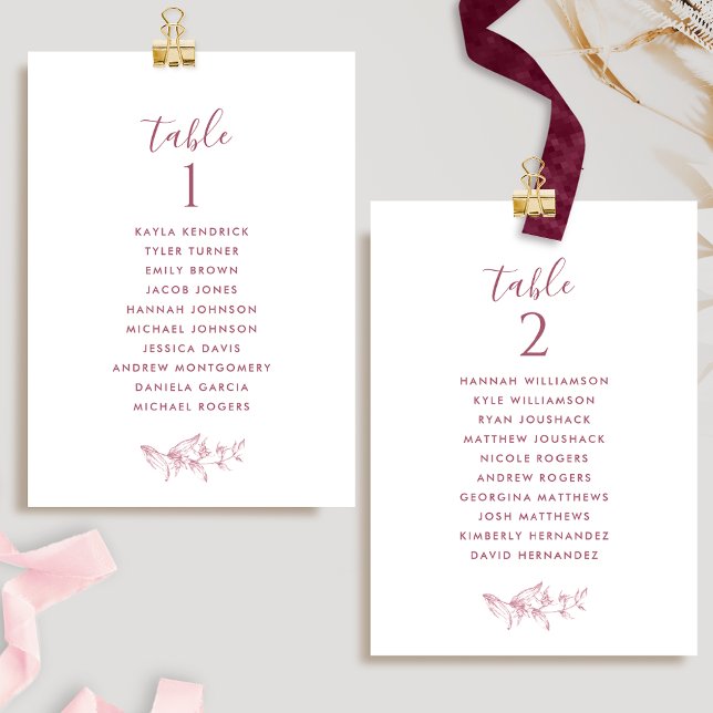 White, Burgundy Seating Plan Cards w/ Guest Names (Creator Uploaded)