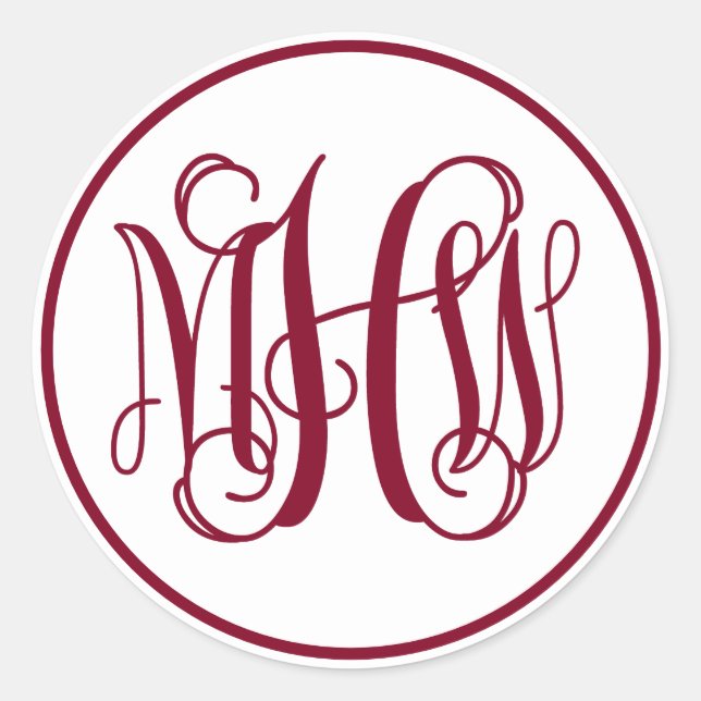 White Burgundy Vine Script Monogram, DIY BG Classic Round Sticker (Front)
