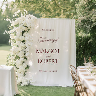 White & Burgundy Wedding Welcome Sign Banner Tapestry