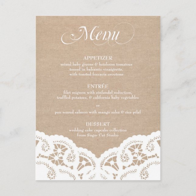 White Burlap Lace Doily Wedding Menu Postcard (Front)