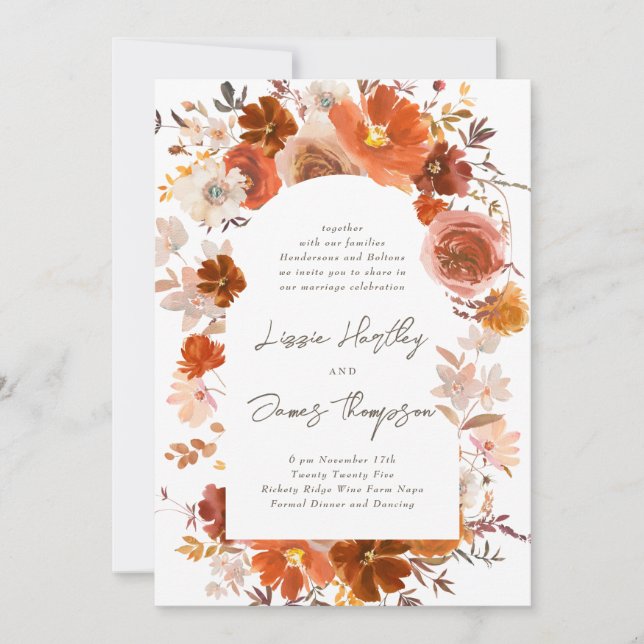 White Burnt Orange Floral Botanical Arch Wedding Invitation (Front)