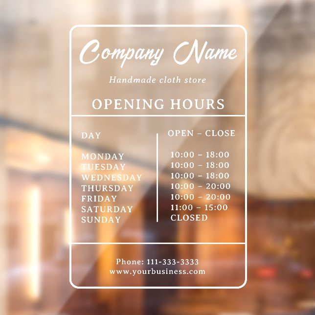 White Business Hours Window door sign (Sheet 2)