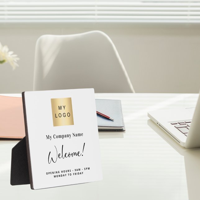 White business logo name opening hours plaque (Creator Uploaded)