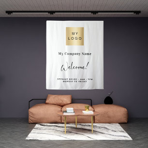 White business logo name opening hours tapestry