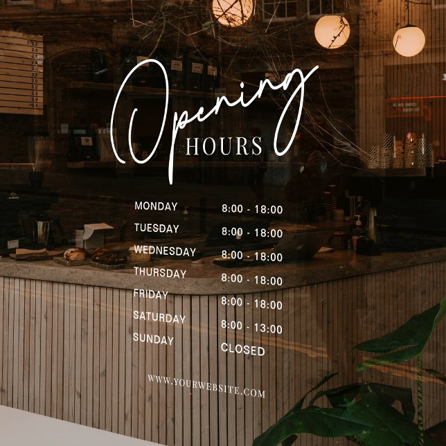 White Business Opening Hours Simple Modern Script (Modern business opening hours sign with transparent background and white text)
