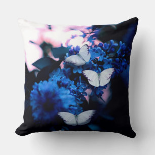 White Butterflies Blue Flowers, butterfly Cushion