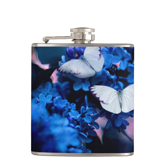 White Butterflies Blue Flowers, butterfly Hip Flask (Front)