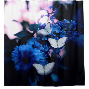 White Butterflies Blue Flowers, butterfly Shower Curtain