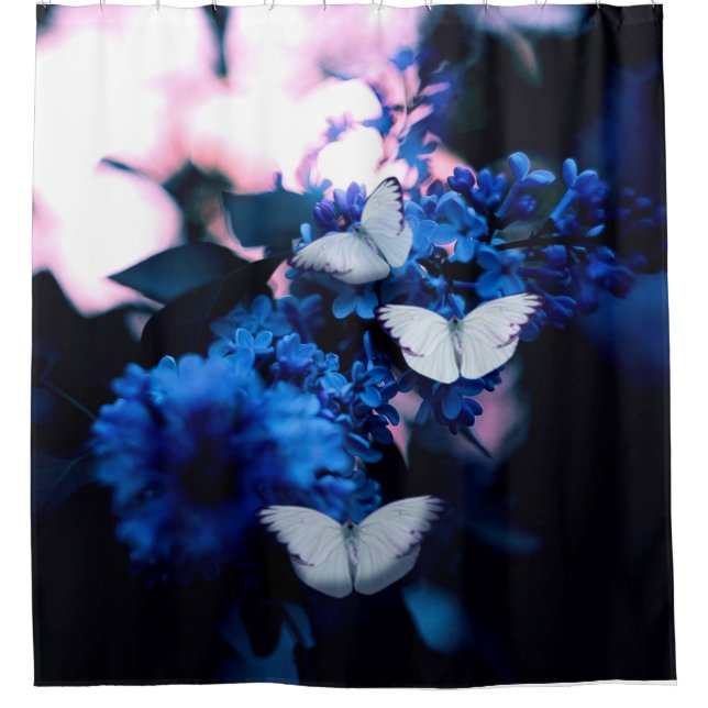 White Butterflies Blue Flowers, butterfly Shower Curtain (Front)